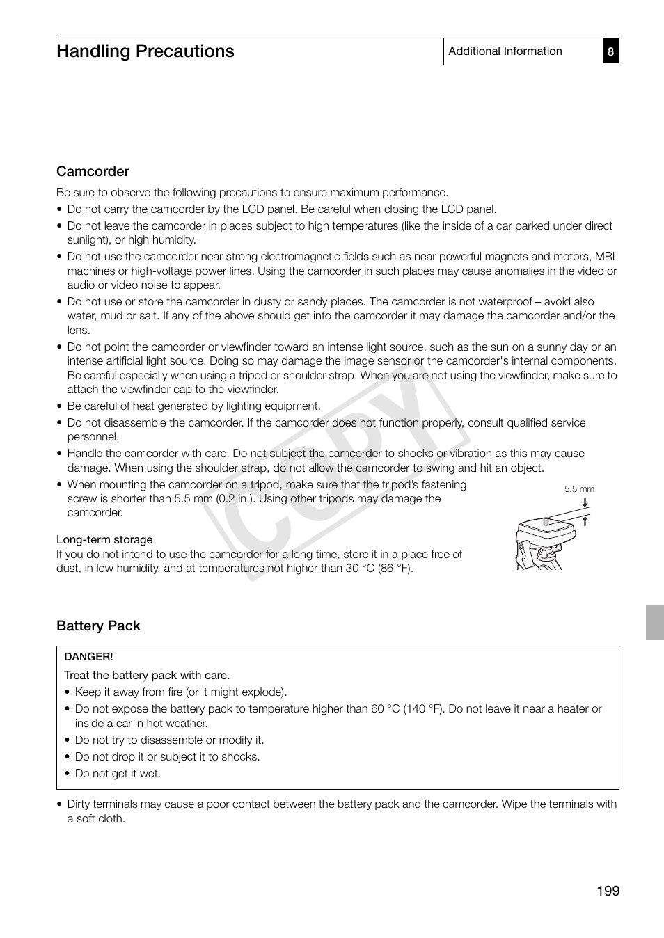 Handling precautions, Handling precautions 199, Cop y | Canon XF305 User Manual | Page 199 / 217