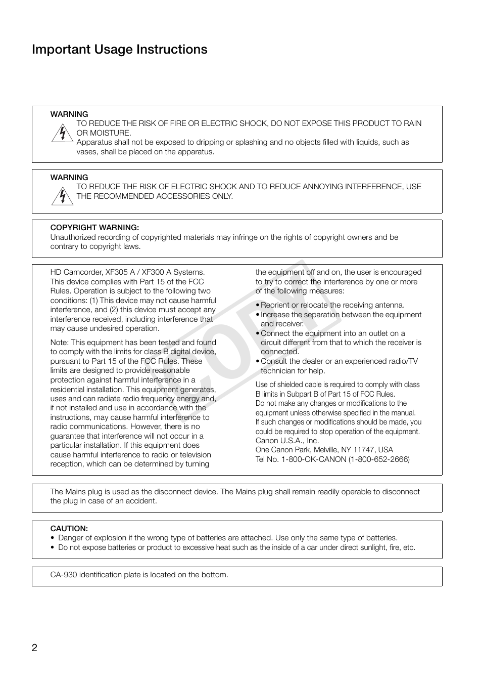 Cop y | Canon XF305 User Manual | Page 2 / 217