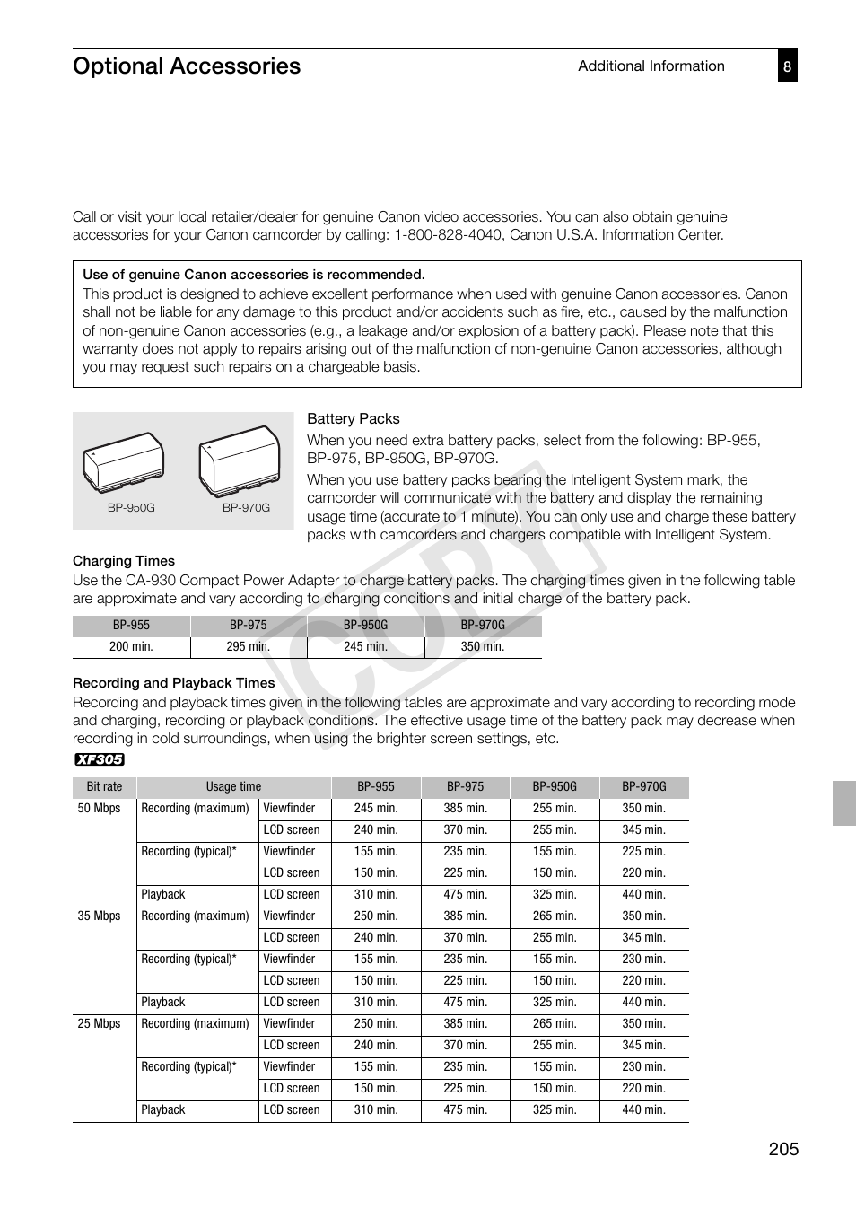 Cop y, Optional accessories | Canon XF305 User Manual | Page 205 / 217