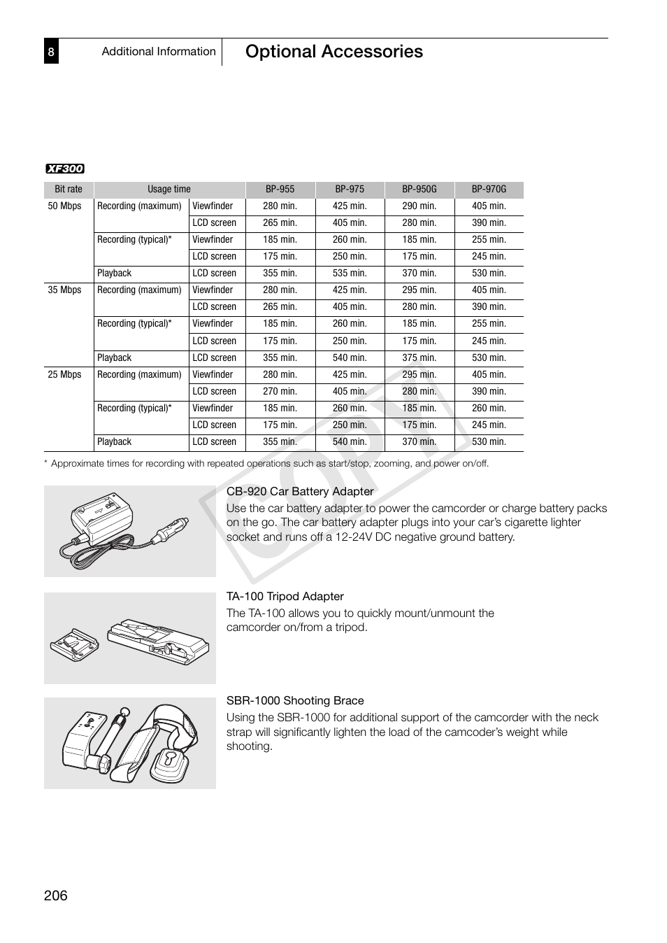 Cop y, Optional accessories | Canon XF305 User Manual | Page 206 / 217