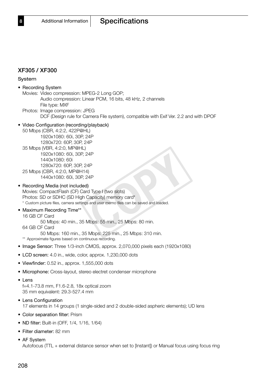 Specifications, Specifications 208, Cop y | Canon XF305 User Manual | Page 208 / 217