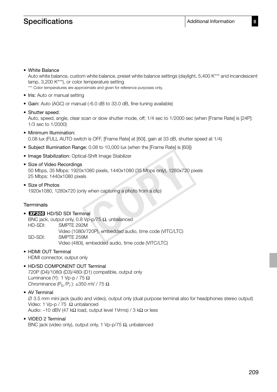 Cop y, Specifications | Canon XF305 User Manual | Page 209 / 217