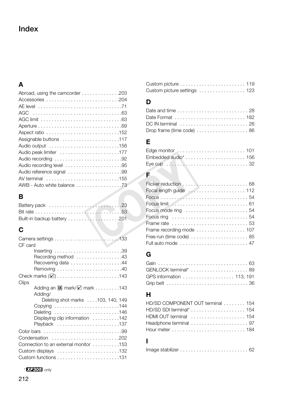 Index, Index 212, C op y | Canon XF305 User Manual | Page 212 / 217