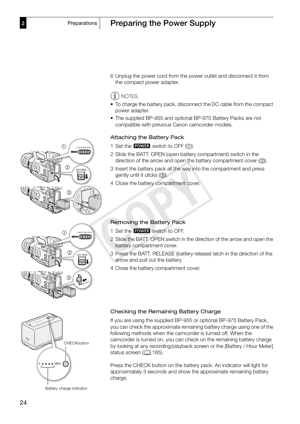 Cop y, Preparing the power supply | Canon XF305 User Manual | Page 24 / 217