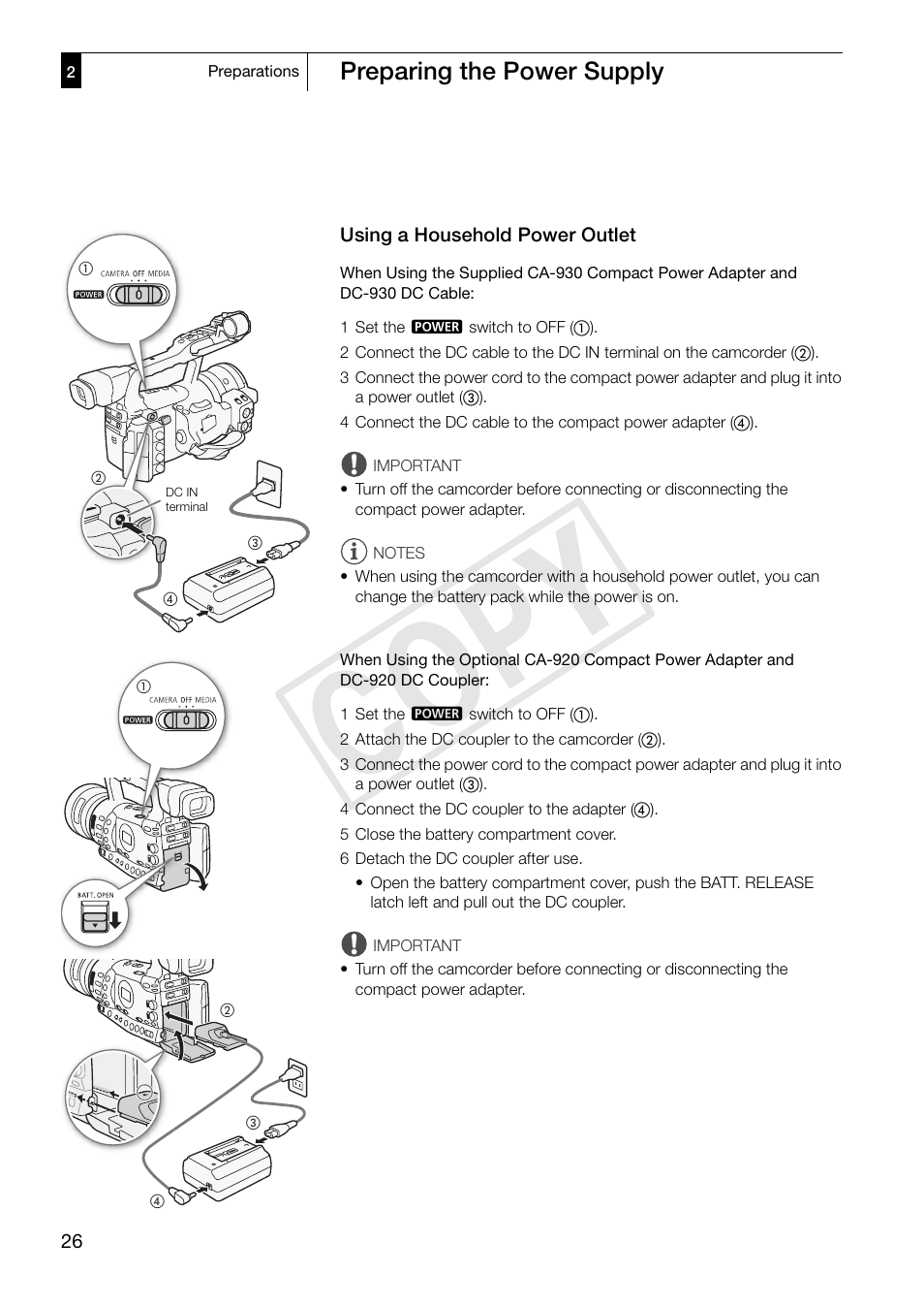 Using a household power outlet, Using a household power outlet 26, Cop y | Preparing the power supply | Canon XF305 User Manual | Page 26 / 217