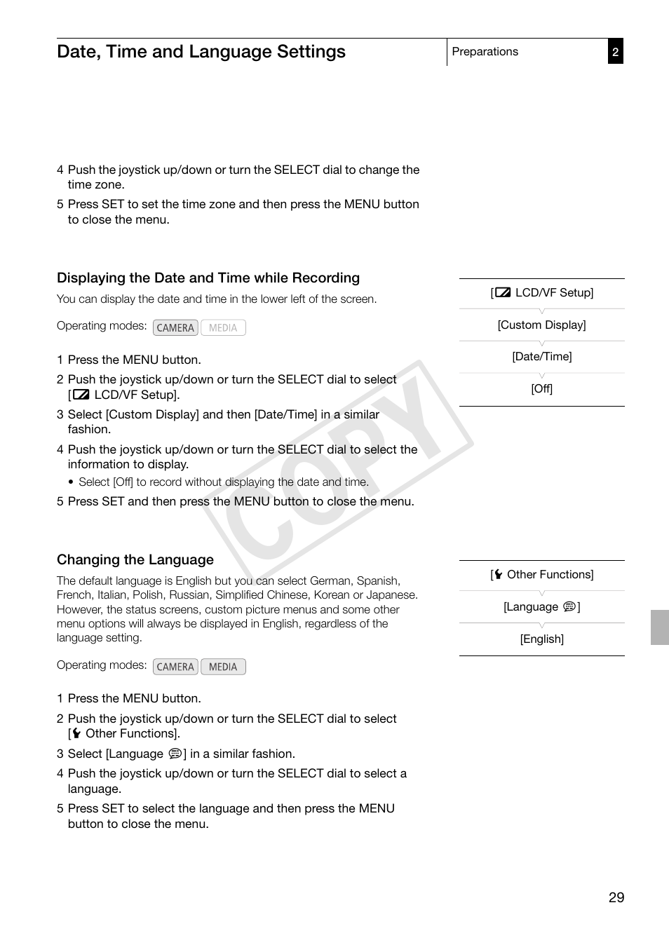 Displaying the date and time while recording, Changing the language, Cop y | Canon XF305 User Manual | Page 29 / 217