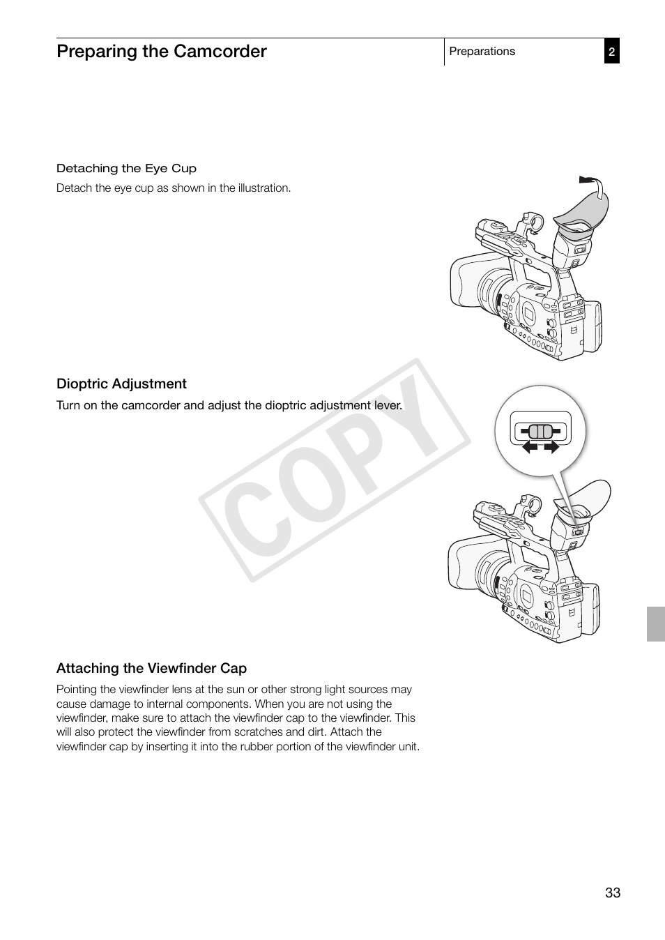 Dioptric adjustment, Attaching the viewfinder cap, Cop y | Canon XF305 User Manual | Page 33 / 217