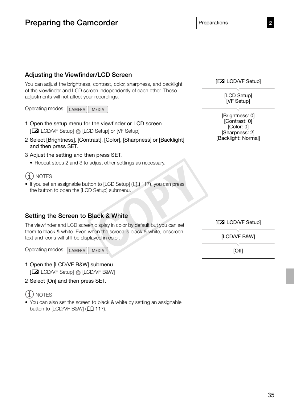 Adjusting the viewfinder/lcd screen, Setting the screen to black & white, Adjusting the viewfinder/lcd screen 35 | Setting the screen to black & white 35, Cop y | Canon XF305 User Manual | Page 35 / 217