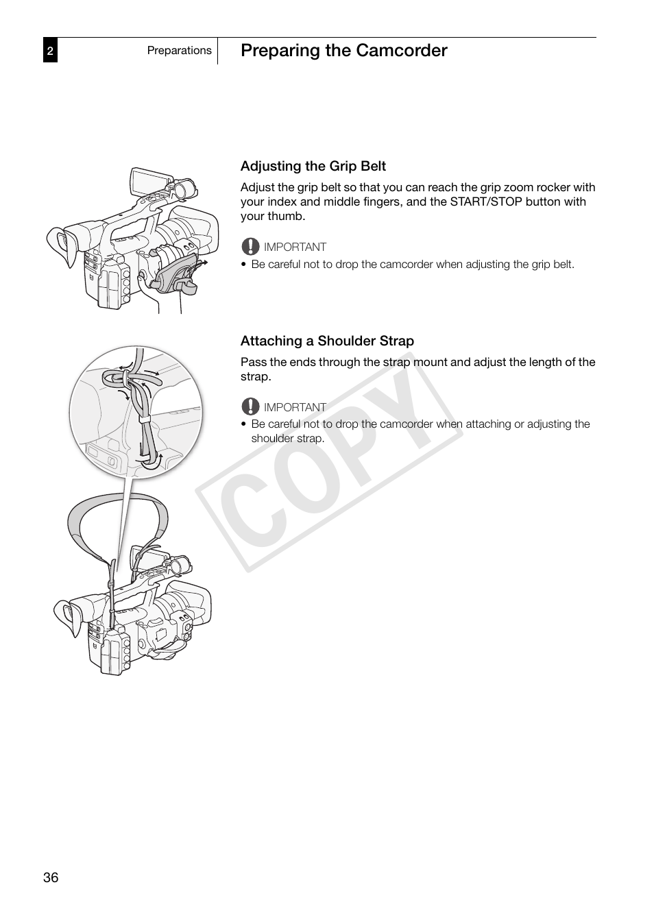 Adjusting the grip belt, Attaching a shoulder strap, Cop y | Canon XF305 User Manual | Page 36 / 217