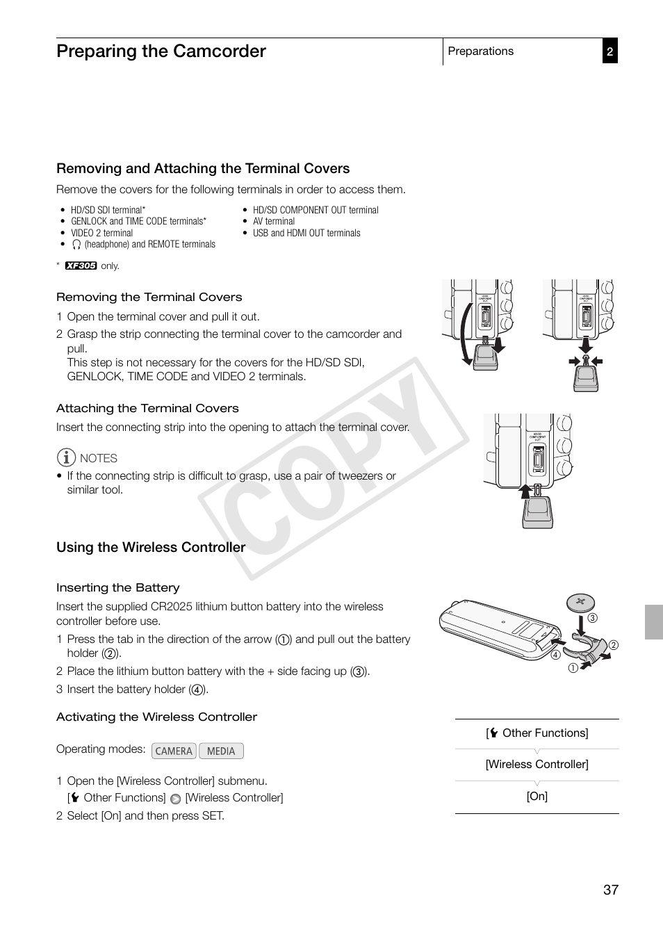 Removing and attaching the terminal covers, Using the wireless controller, Cop y | Preparing the camcorder | Canon XF305 User Manual | Page 37 / 217