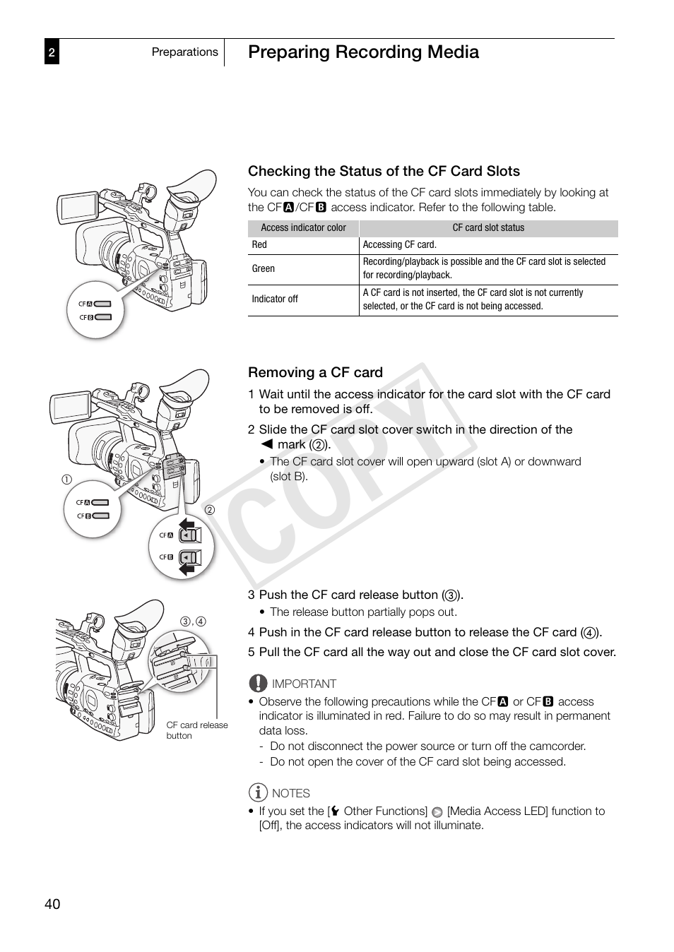 Checking the status of the cf card slots, Removing a cf card, Cop y | Canon XF305 User Manual | Page 40 / 217