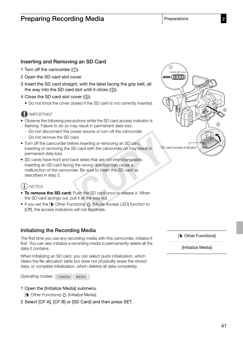 Inserting and removing an sd card, Initializing the recording media, Cop y | Canon XF305 User Manual | Page 41 / 217