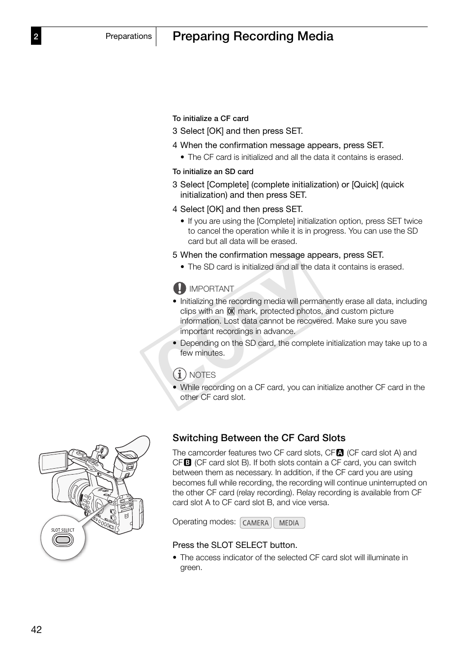 Switching between the cf card slots, Switching between the cf card slots 42, Cop y | Canon XF305 User Manual | Page 42 / 217