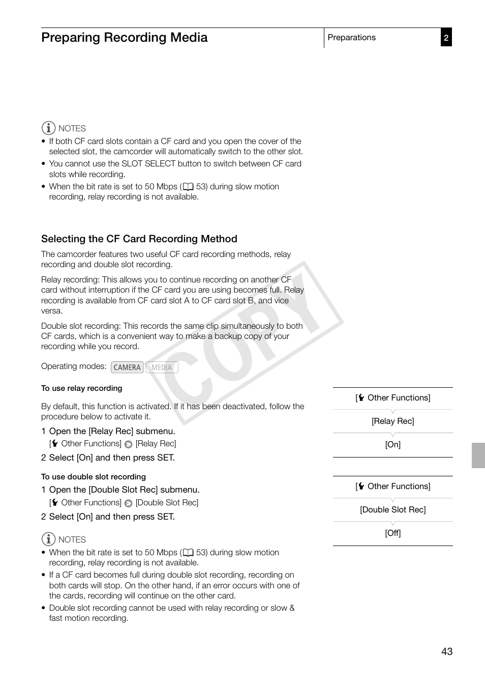 Selecting the cf card recording method, 43) lets y, Selecting the cf card recording method 43 | Cop y | Canon XF305 User Manual | Page 43 / 217