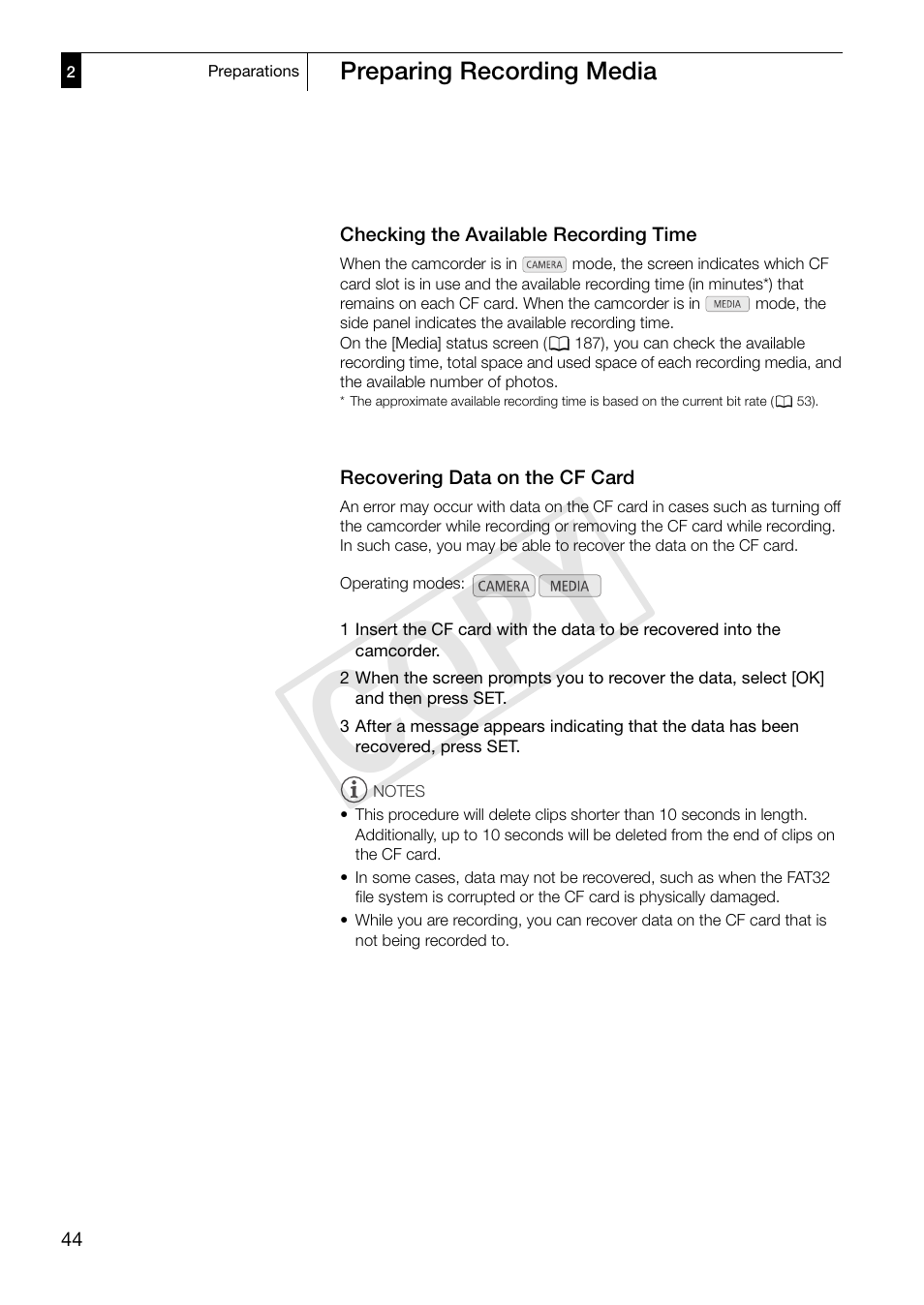 Checking the available recording time, Recovering data on the cf card, Cop y | Canon XF305 User Manual | Page 44 / 217