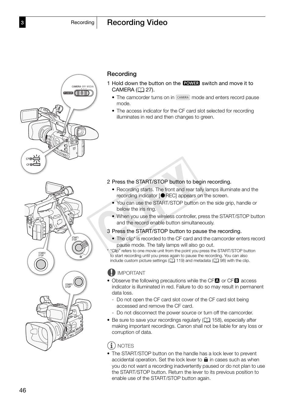 Recording, Recording 46, Cop y | Canon XF305 User Manual | Page 46 / 217