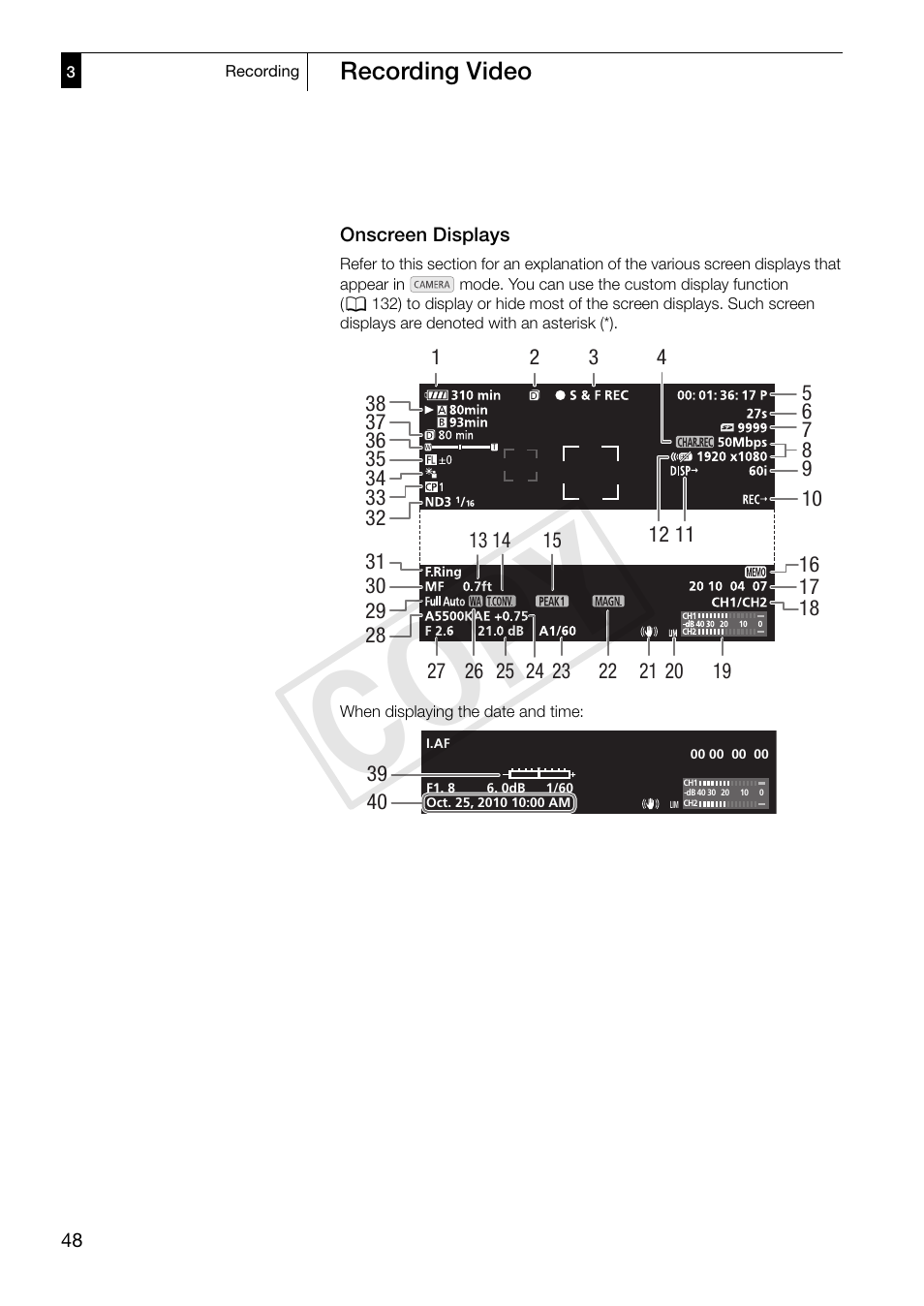 Onscreen displays, Onscreen displays 48, Cop y | Canon XF305 User Manual | Page 48 / 217