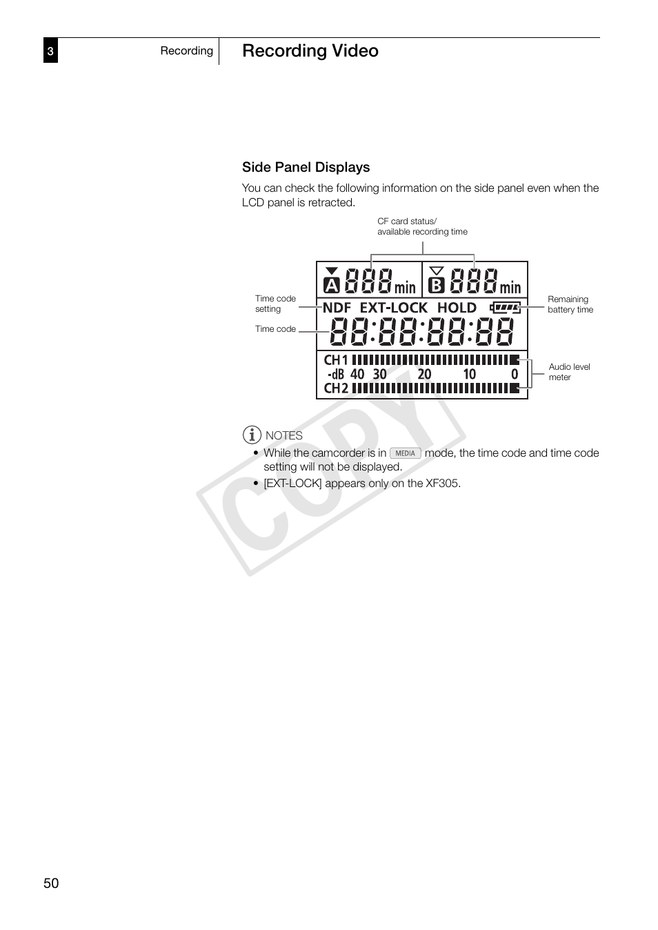 Side panel displays, Side panel displays 50, Cop y | Canon XF305 User Manual | Page 50 / 217