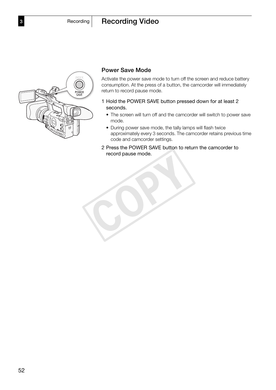 Power save mode, Power save mode 52, Cop y | Canon XF305 User Manual | Page 52 / 217