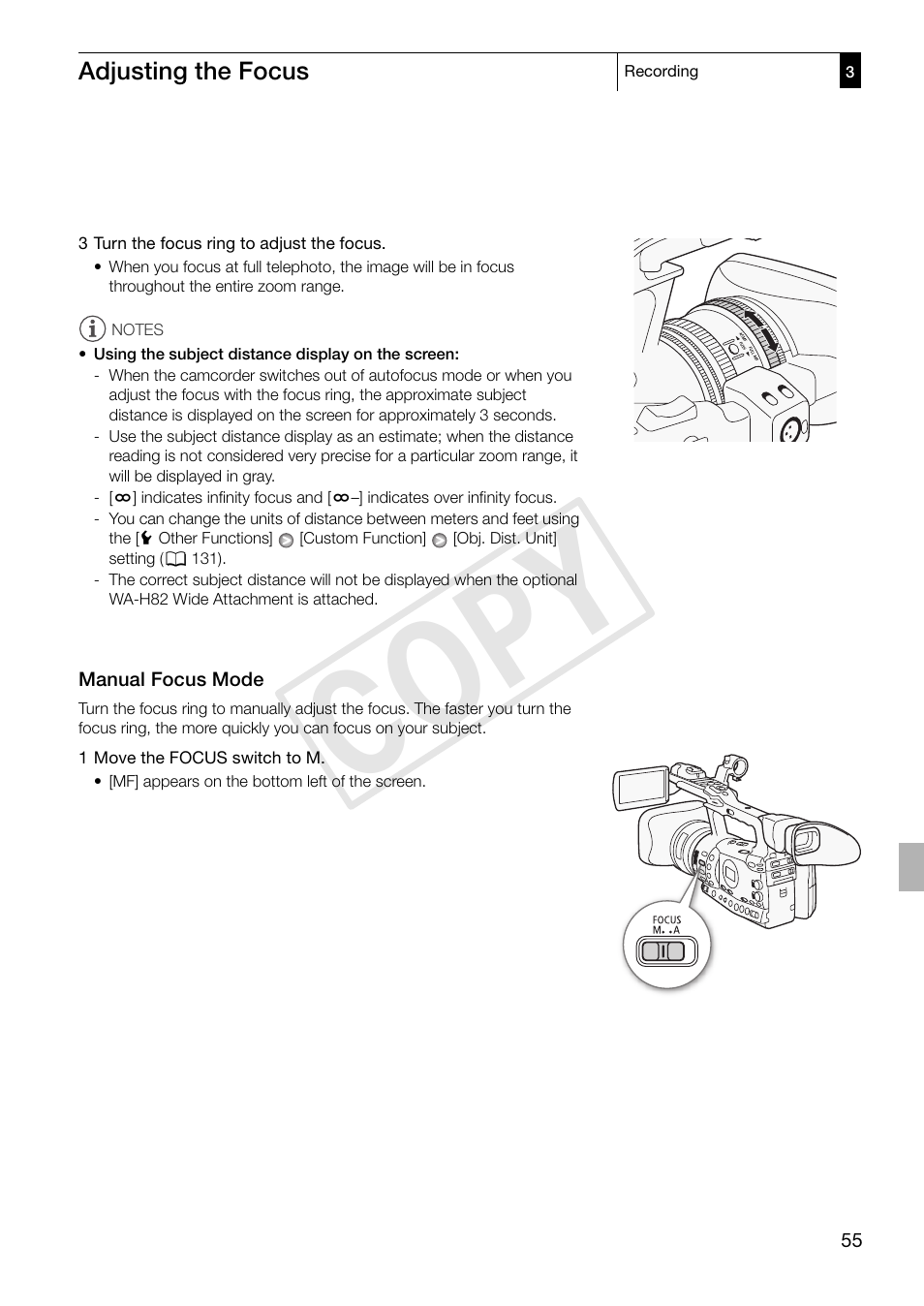 Manual focus mode, Manual focus mode 55, Cop y | Canon XF305 User Manual | Page 55 / 217