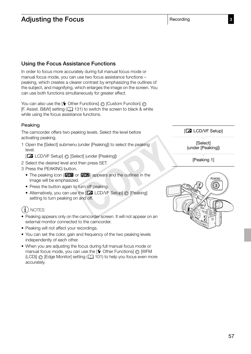 Using the focus assistance functions, Using the focus assistance functions 57, Cop y | Canon XF305 User Manual | Page 57 / 217