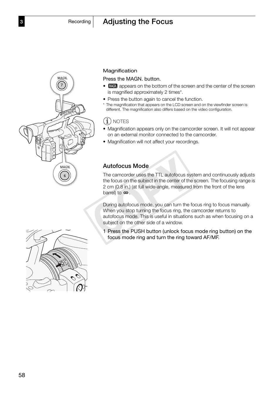 Autofocus mode, Autofocus mode 58, 58)/a | Cop y | Canon XF305 User Manual | Page 58 / 217