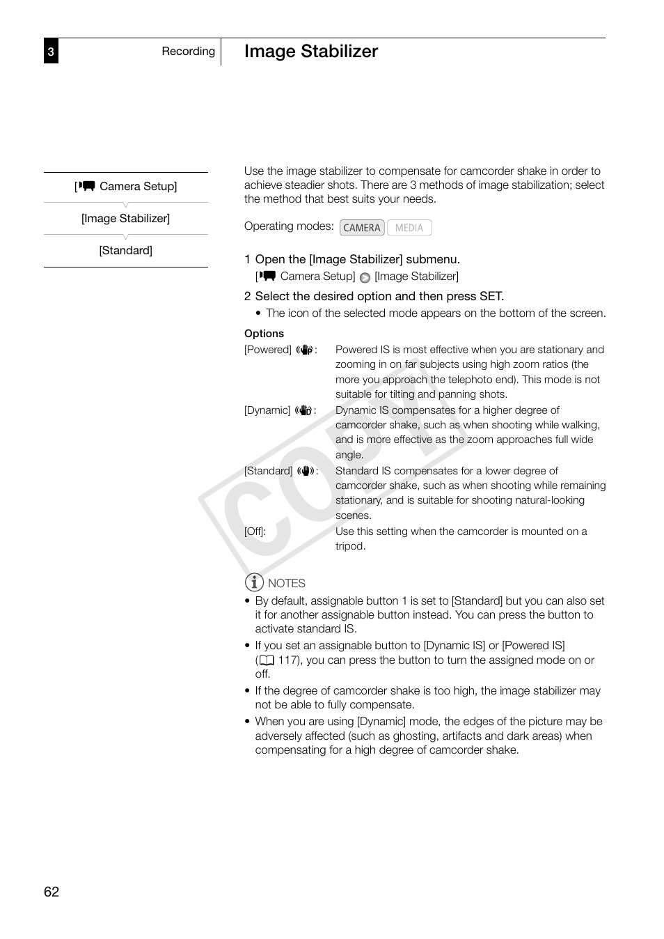 Image stabilizer, 62); the o, Image stabilizer 62 | Cop y | Canon XF305 User Manual | Page 62 / 217