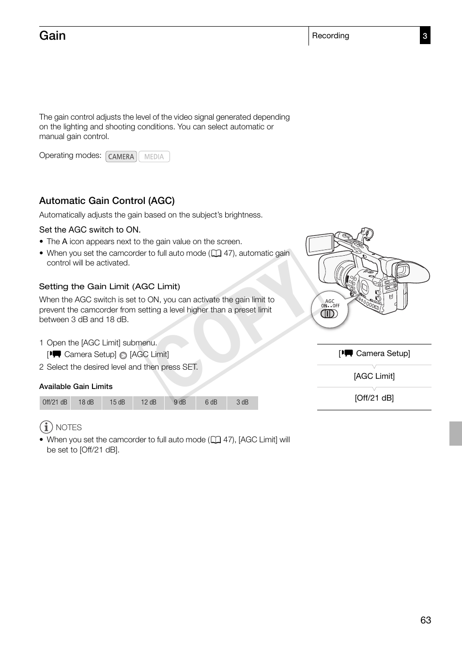 Gain, Automatic gain control (agc), Gain 63 | Automatic gain control (agc) 63, Cop y | Canon XF305 User Manual | Page 63 / 217