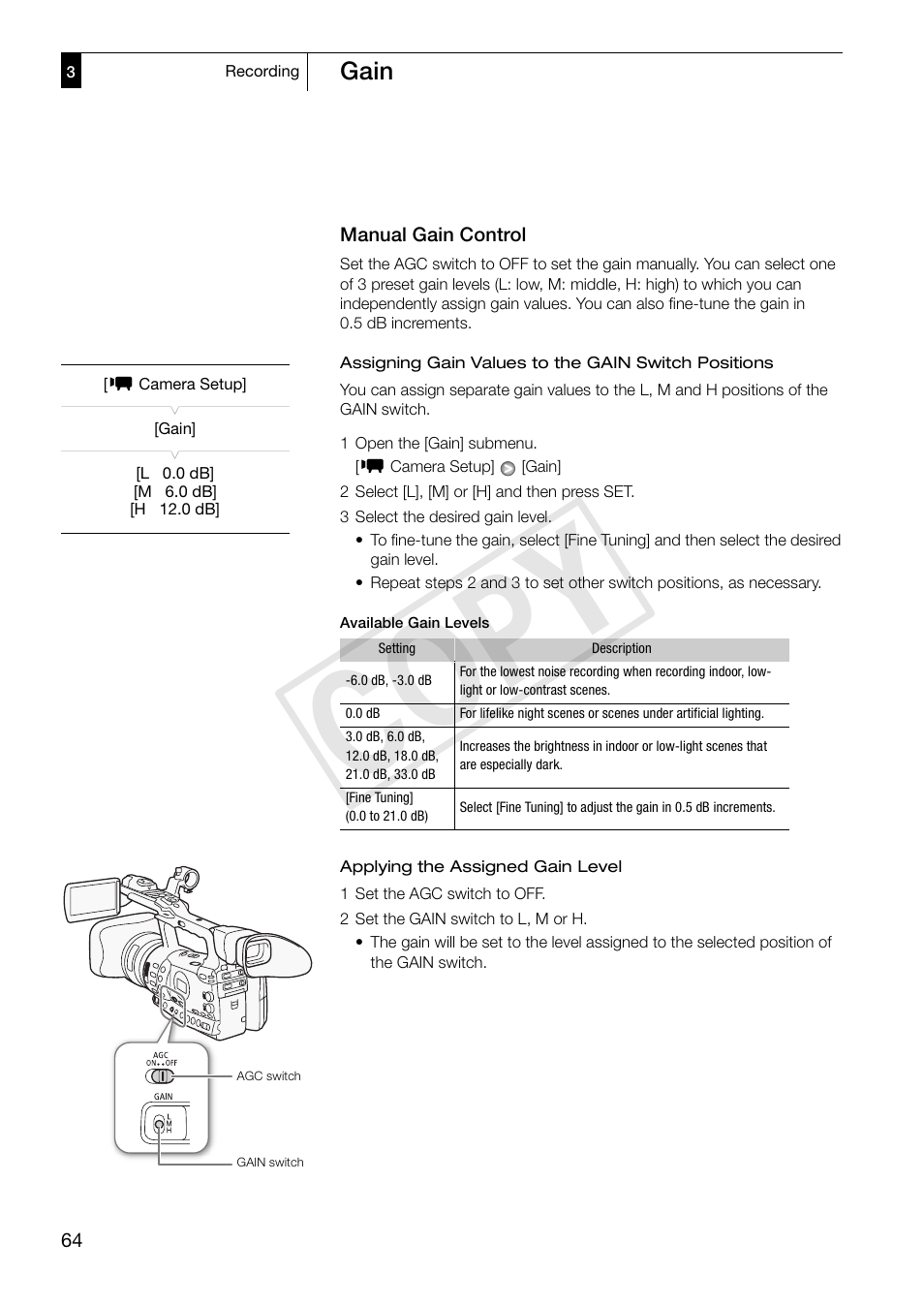 Manual gain control, Manual gain control 64, Cop y | Canon XF305 User Manual | Page 64 / 217