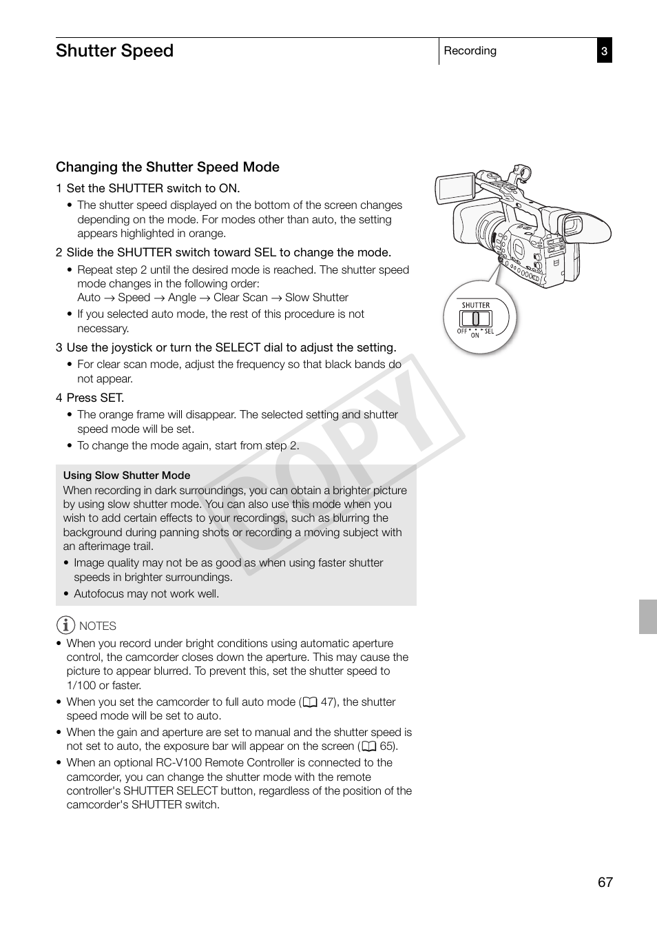 Changing the shutter speed mode, Changing the shutter speed mode 67, Cop y | Canon XF305 User Manual | Page 67 / 217