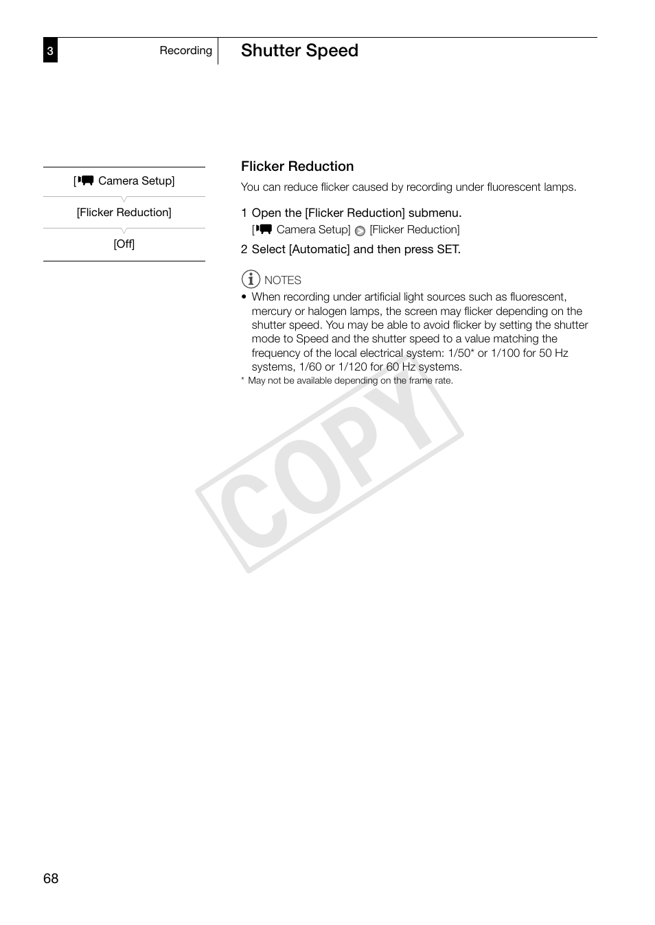 Flicker reduction, Flicker reduction 68, Cop y | Canon XF305 User Manual | Page 68 / 217