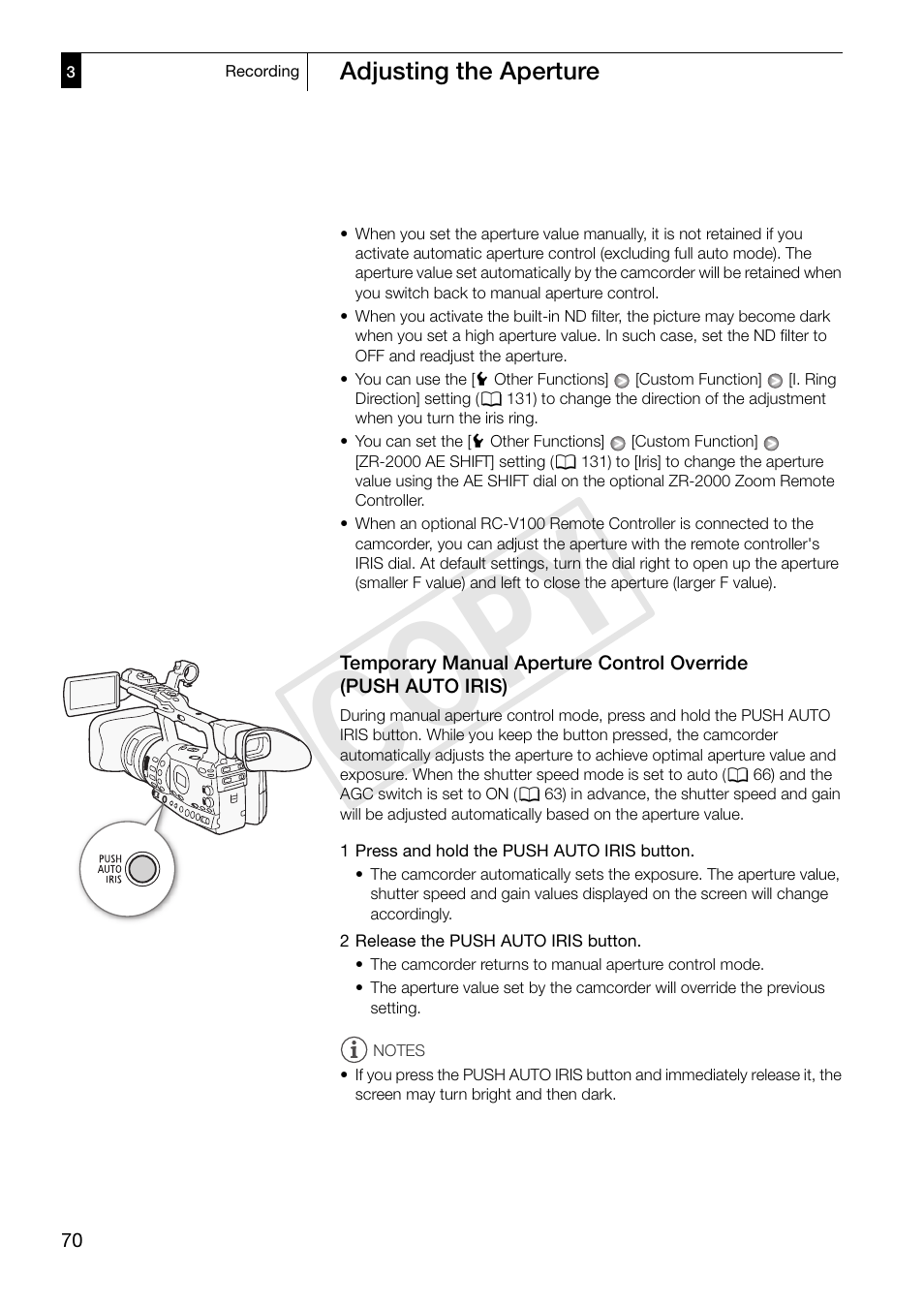 Temporary manual aperture control override, Push auto iris) 70, Cop y | Canon XF305 User Manual | Page 70 / 217