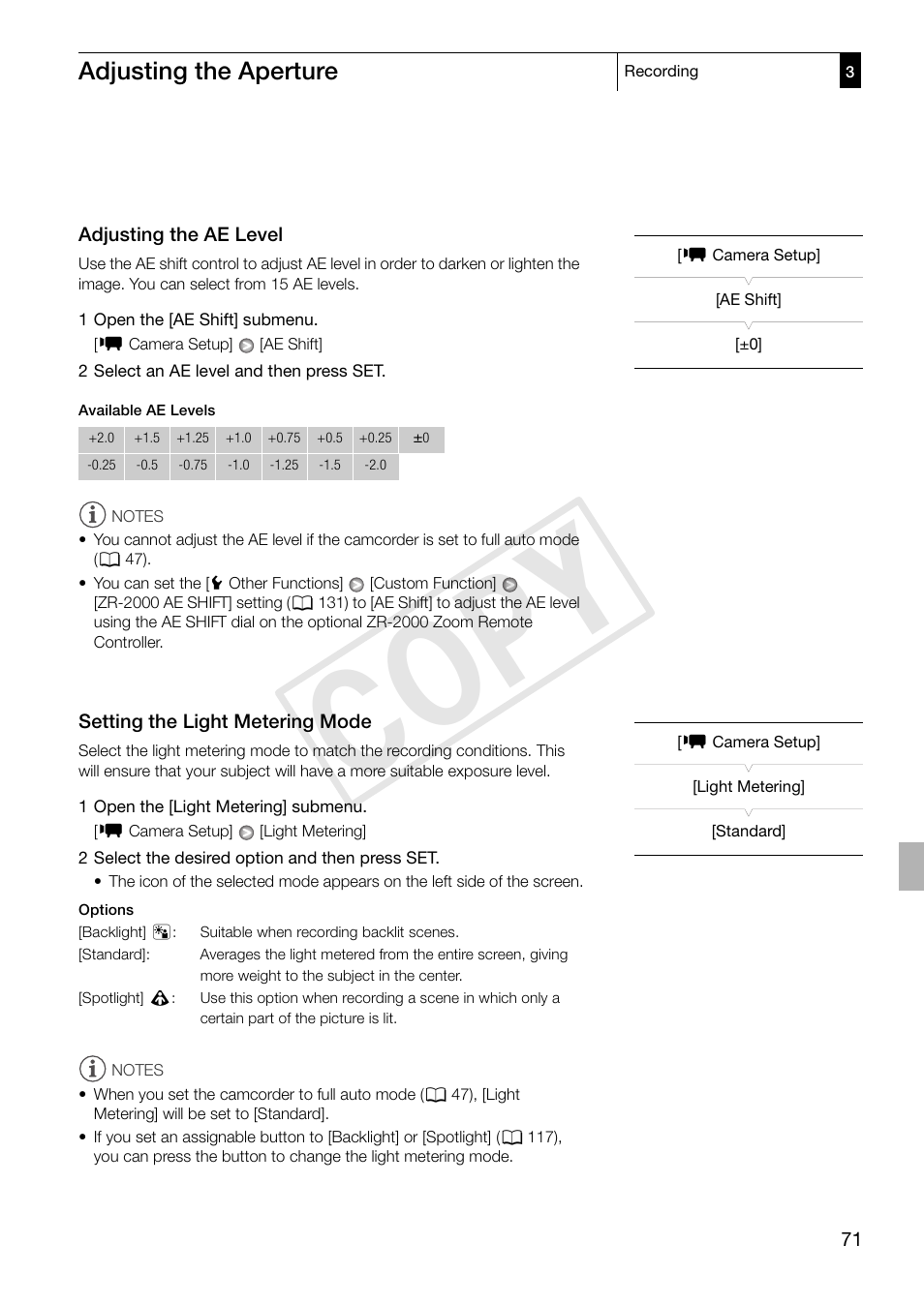 Adjusting the ae level, Setting the light metering mode, Cop y | Adjusting the aperture | Canon XF305 User Manual | Page 71 / 217