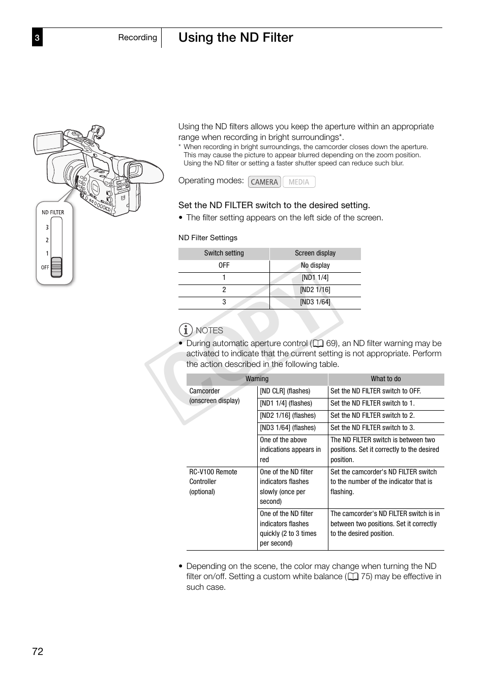 Using the nd filter, Using the nd filter 72, Cop y | Canon XF305 User Manual | Page 72 / 217