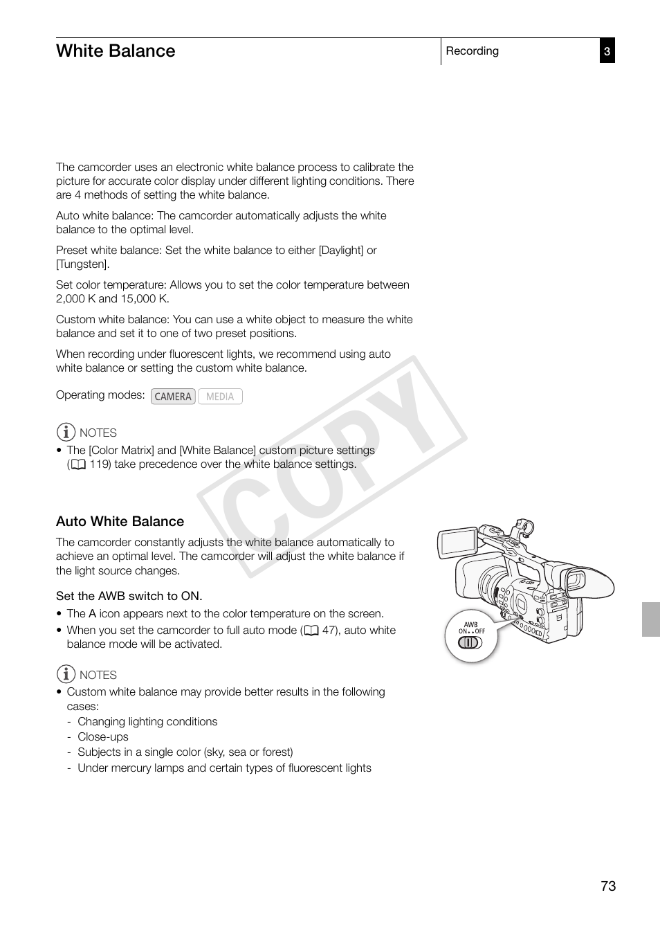 White balance, Auto white balance, White balance 73 | Auto white balance 73, Cop y | Canon XF305 User Manual | Page 73 / 217