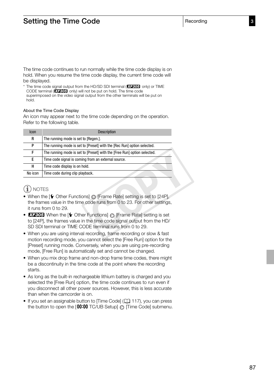 Cop y, Setting the time code | Canon XF305 User Manual | Page 87 / 217