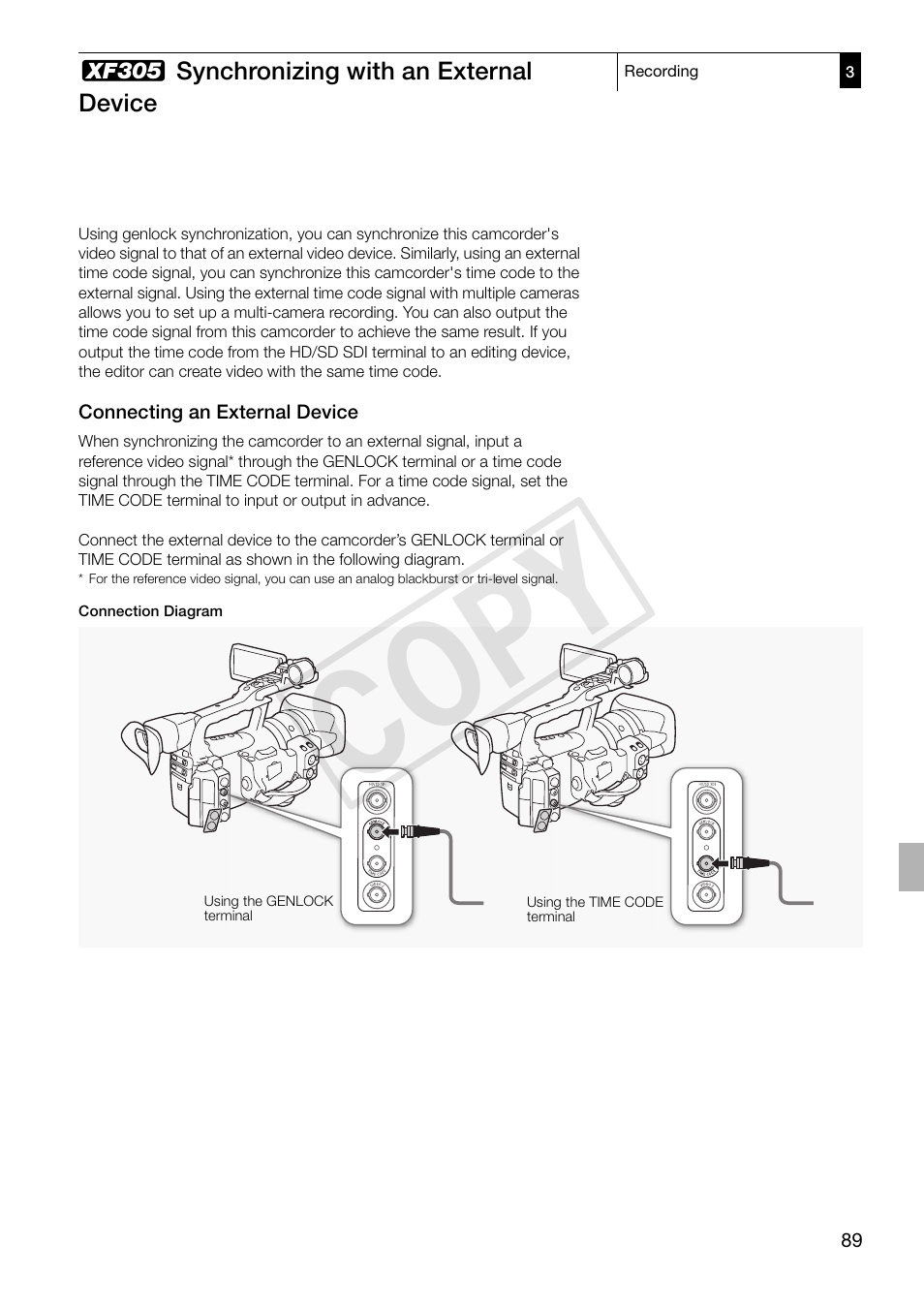 Xf305> synchronizing with an external device, Connecting an external device, B synchronizing with an external device 89 | Connecting an external device 89, Cop y | Canon XF305 User Manual | Page 89 / 217