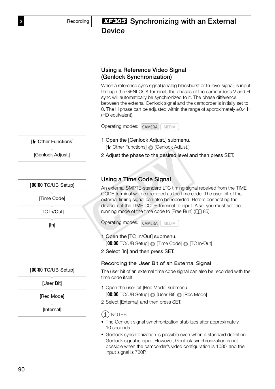 Using a time code signal, 90) a, Using a reference video signal | Genlock synchronization) 90, Using a time code signal 90, Cop y | Canon XF305 User Manual | Page 90 / 217