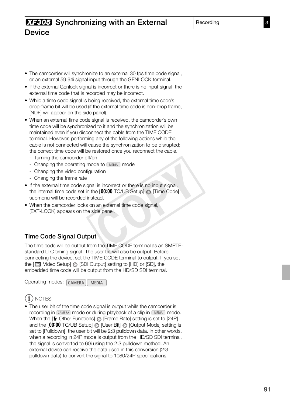 Time code signal output, Time code signal output 91, Cop y | Canon XF305 User Manual | Page 91 / 217