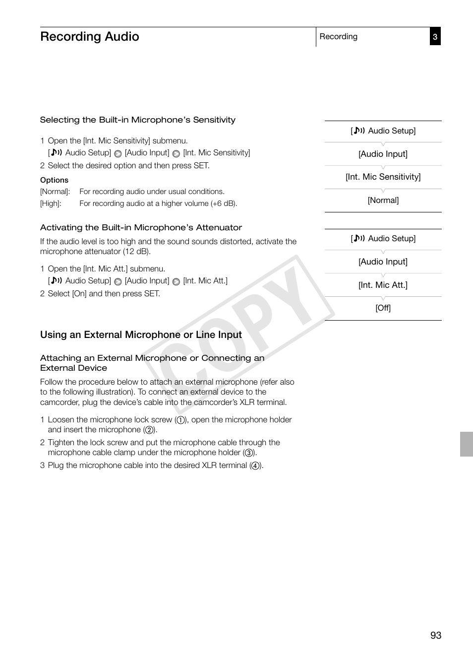 Using an external microphone or line input, Using an external microphone or line input 93, Cop y | Recording audio | Canon XF305 User Manual | Page 93 / 217