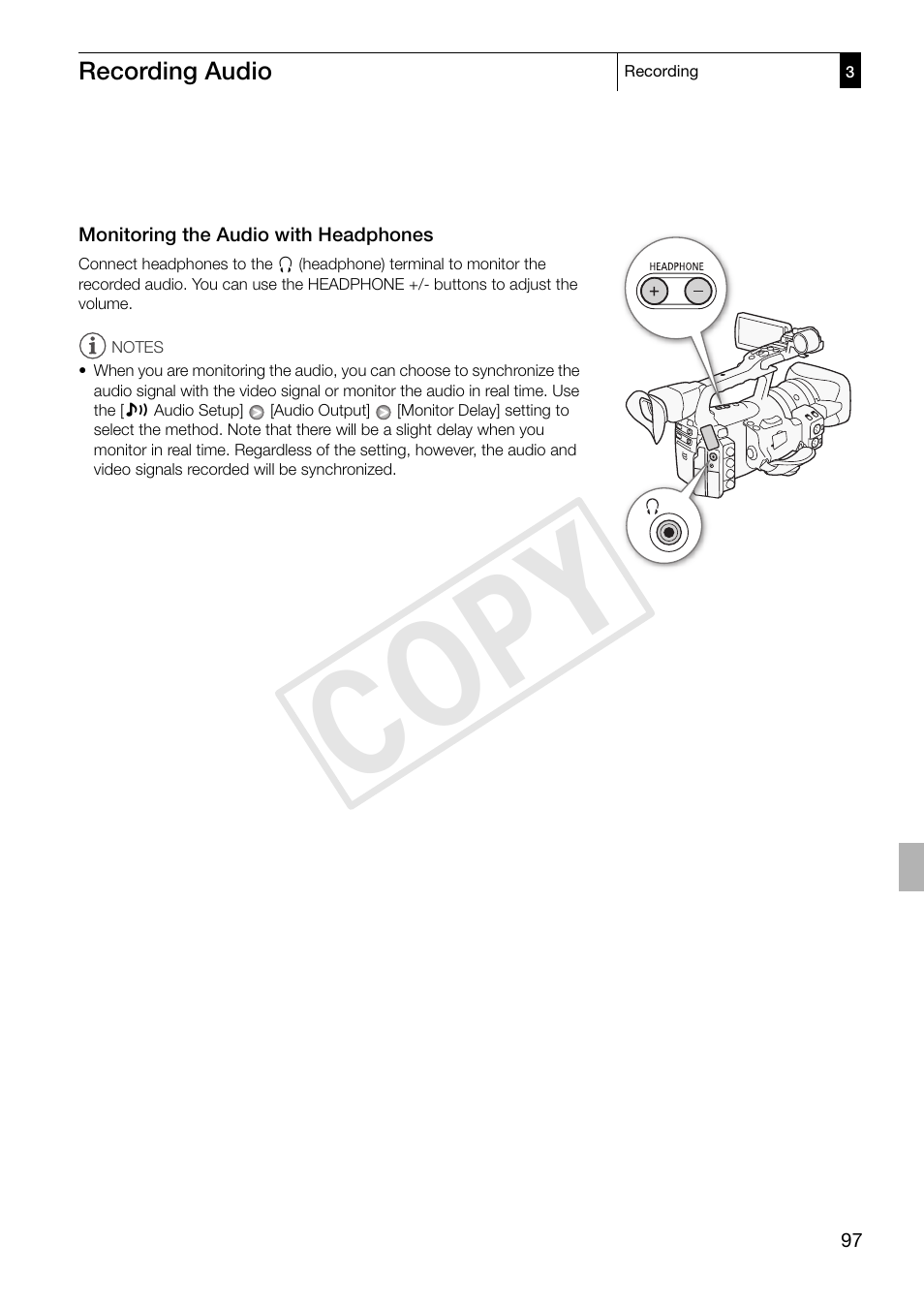 Monitoring the audio with headphones, Monitoring the audio with headphones 97, Cop y | Canon XF305 User Manual | Page 97 / 217