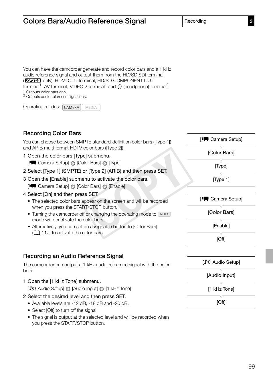 Colors bars/audio reference signal, Recording color bars, Recording an audio reference signal | Colors bars/audio reference signal 99, Cop y | Canon XF305 User Manual | Page 99 / 217