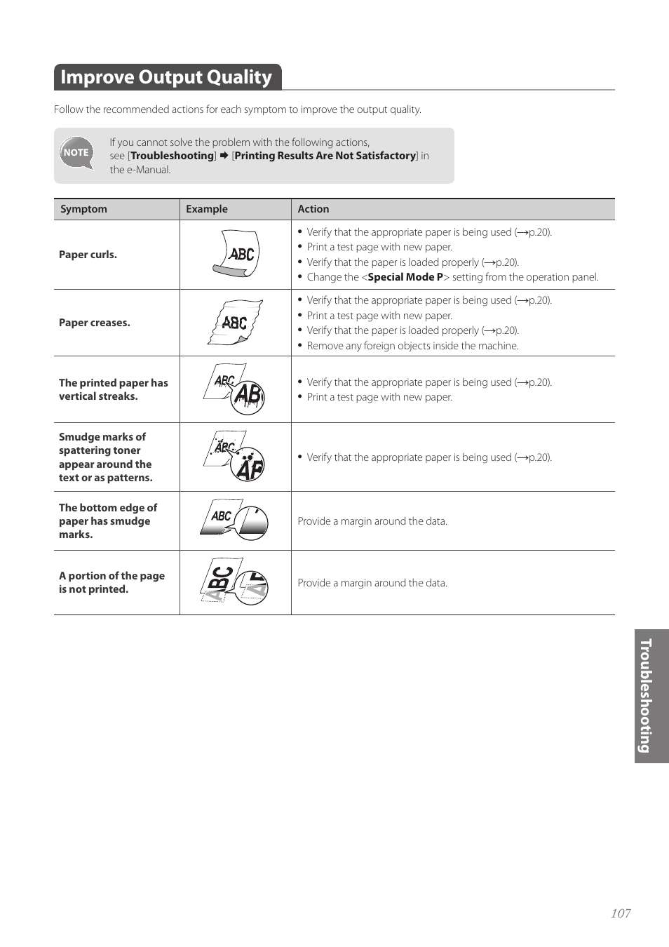 Improve output quality, Improve output quality ……………………………………………… 107, Tro ub le sh oo tin g | Canon Color imageCLASS MF8580Cdw User Manual | Page 107 / 120