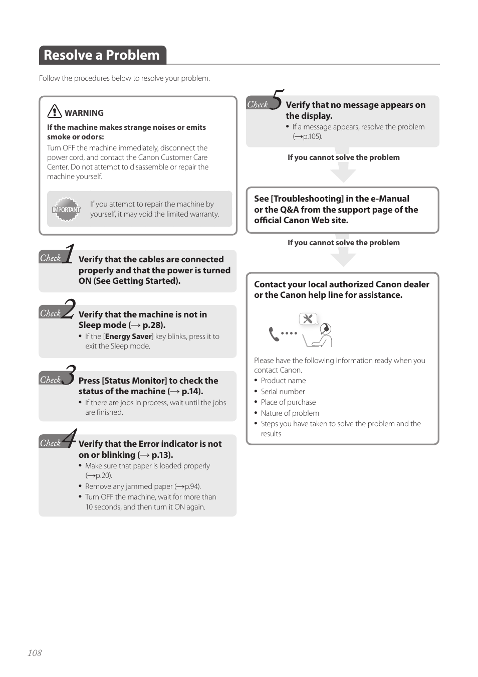 Resolve a problem, Resolve a problem …………………………………………………… 108 | Canon Color imageCLASS MF8580Cdw User Manual | Page 108 / 120