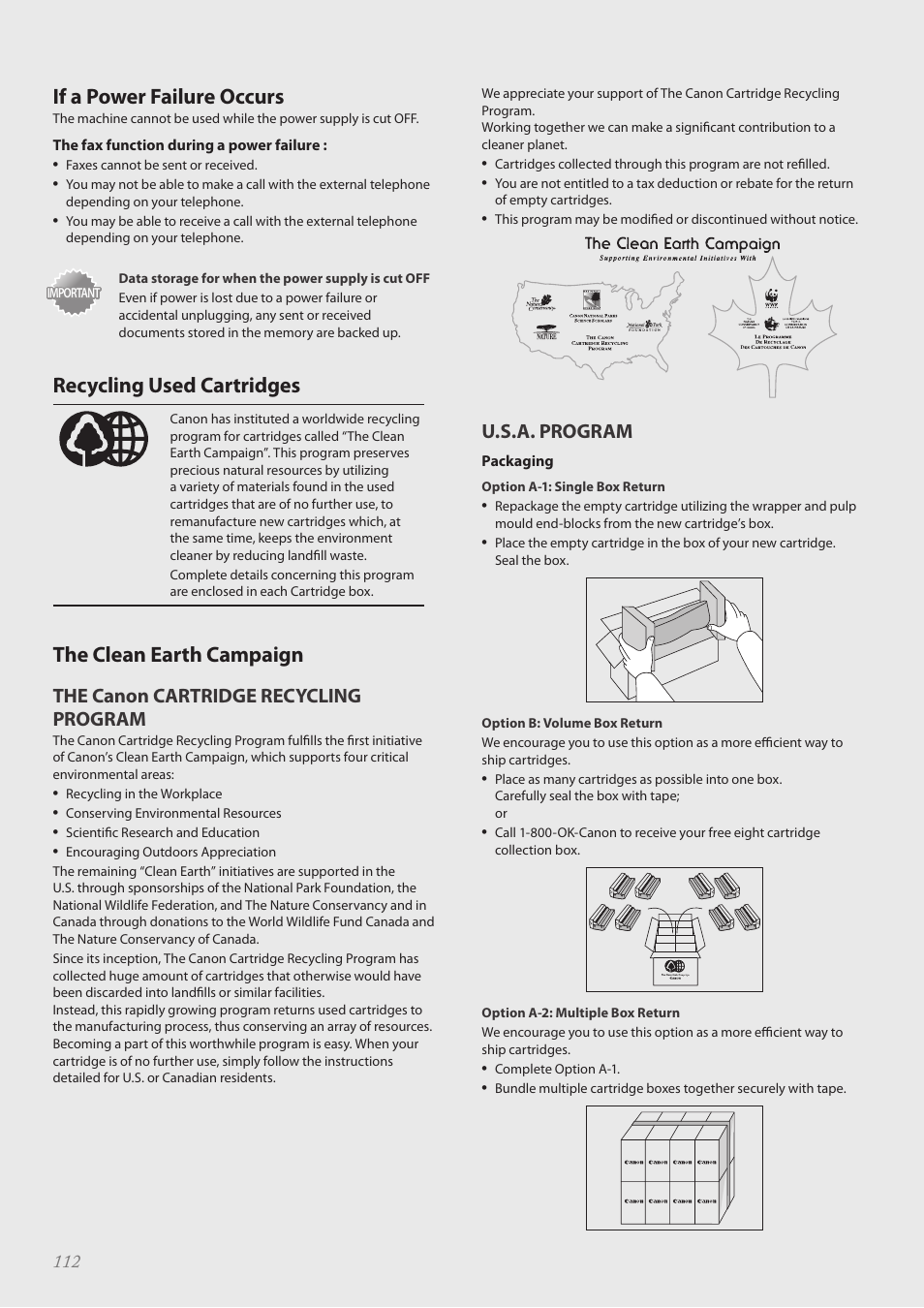 If a power failure occurs, Recycling used cartridges, The clean earth campaign | The canon cartridge recycling program, U.s.a. program | Canon Color imageCLASS MF8580Cdw User Manual | Page 112 / 120