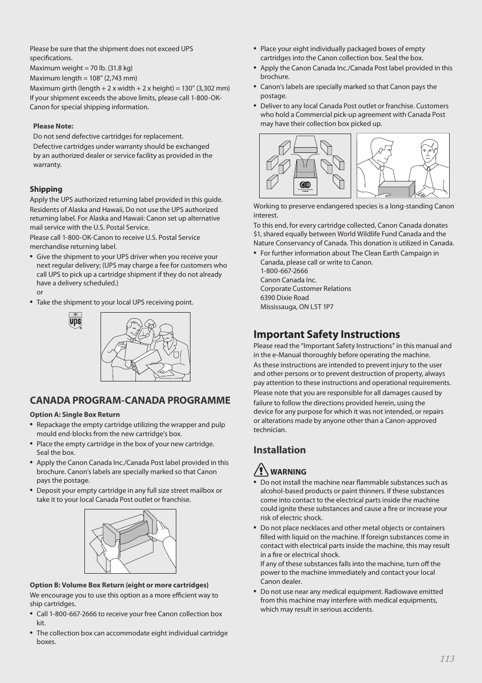 Important safety instructions, Important safety instructions ……………………………………… 113, Canada program-canada programme | Installation | Canon Color imageCLASS MF8580Cdw User Manual | Page 113 / 120