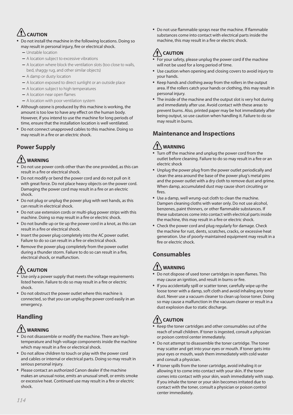 Power supply, Handling, Maintenance and inspections | Consumables | Canon Color imageCLASS MF8580Cdw User Manual | Page 114 / 120