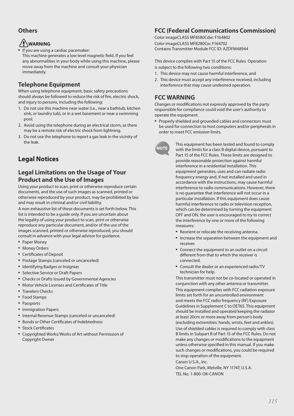 Legal notices, Legal notices ………………………………………………………… 115, Others | Telephone equipment, Fcc (federal communications commission), Fcc warning | Canon Color imageCLASS MF8580Cdw User Manual | Page 115 / 120