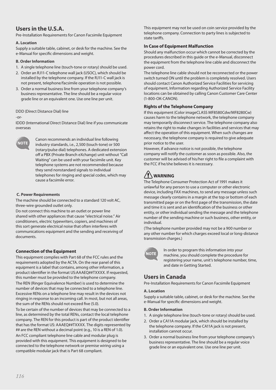 Users in the u.s.a, Users in canada | Canon Color imageCLASS MF8580Cdw User Manual | Page 116 / 120