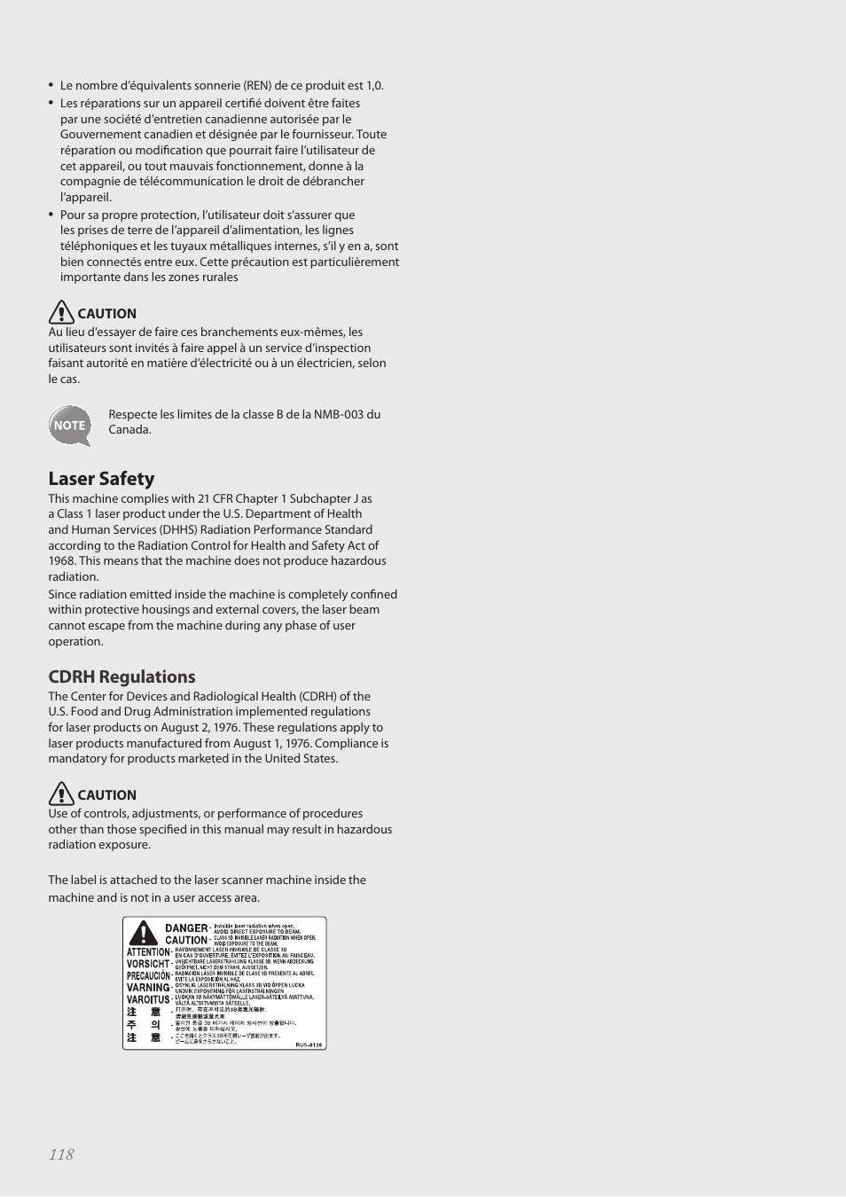 Laser safety, Laser safety …………………………………………………………… 118, Cdrh regulations | Canon Color imageCLASS MF8580Cdw User Manual | Page 118 / 120